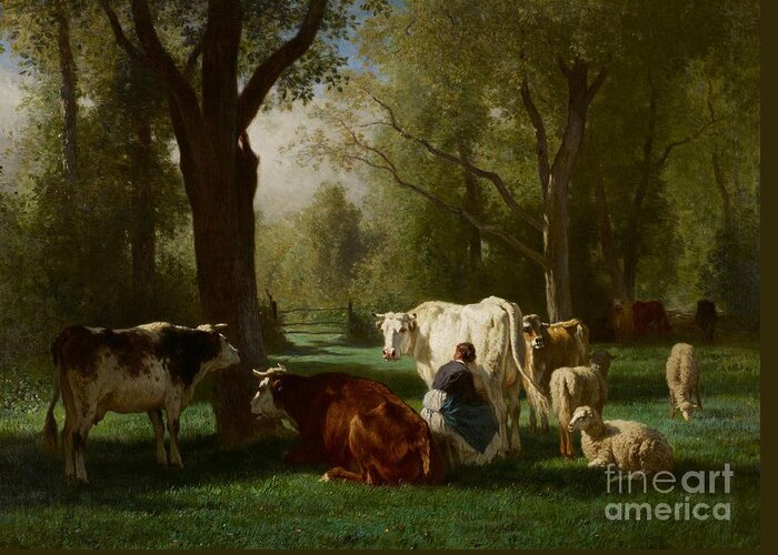 Milkmaid Greeting Card featuring the painting Landscape with Cattle and Sheep by Constant Emile Troyon