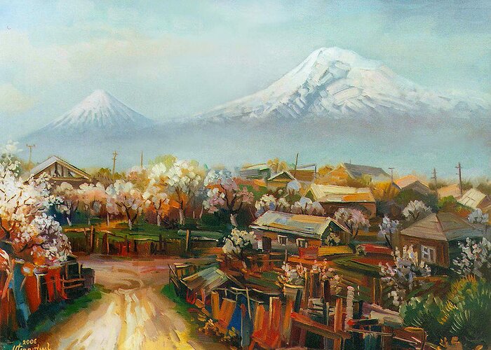 New Aintab Greeting Card featuring the painting Landscape with mountain Ararat from the village Aintap by Meruzhan Khachatryan