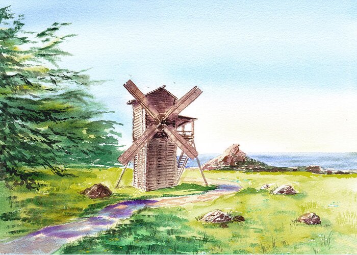 Landscape Greeting Card featuring the painting Landscapes Of California Fort Ross Windmill by Irina Sztukowski