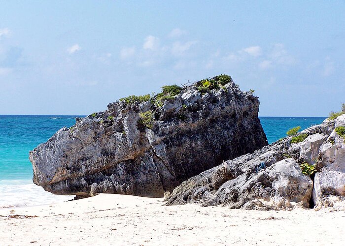 Tulum Greeting Card featuring the photograph Large Boulder on Beach at Tulum by Tom Doud