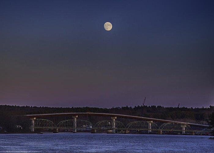 Richmond Dresden Maine Bridge Full Moon Greeting Card featuring the photograph Last moon rise by David Hufstader
