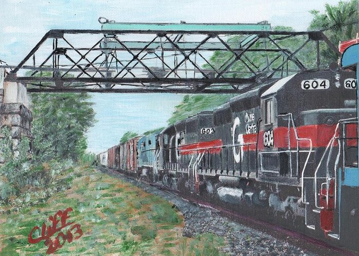 Trains Greeting Card featuring the painting Last Train Under the Bridge by Cliff Wilson