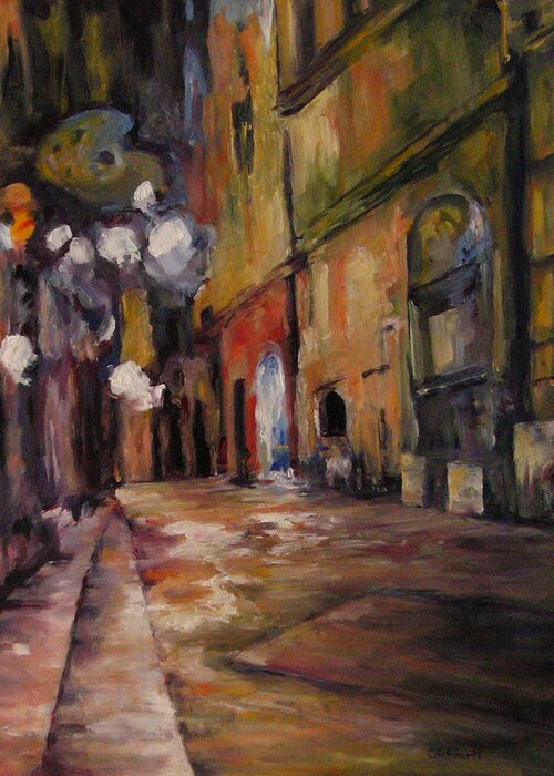 Nice Greeting Card featuring the painting Late Night in the Old City by Connie Schaertl