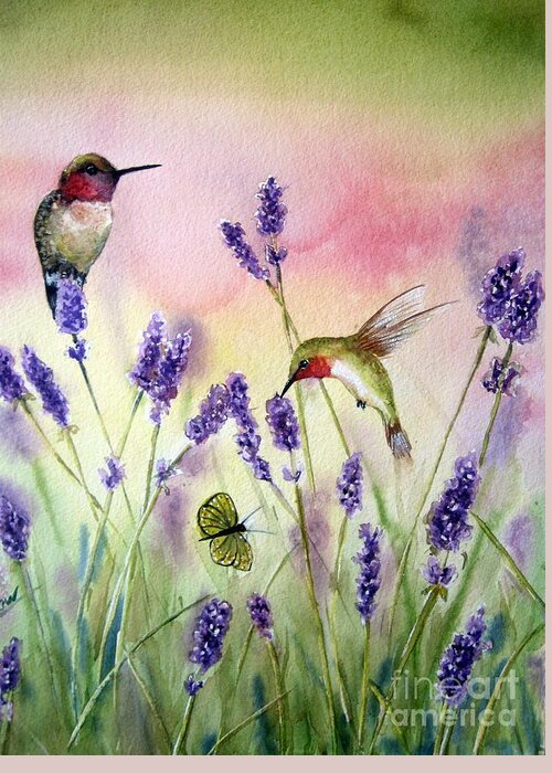 Bird Art Greeting Card featuring the painting Lavender And Hummingbirds by Patricia Pushaw