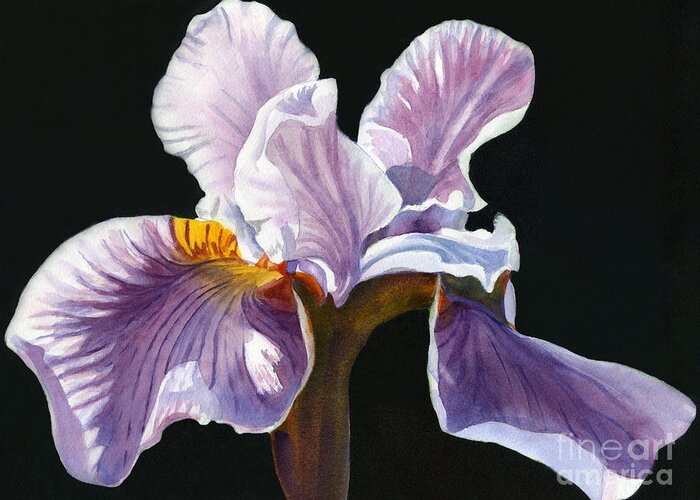 Lavender Irises Greeting Card featuring the painting Lavender iris on Black by Sharon Freeman