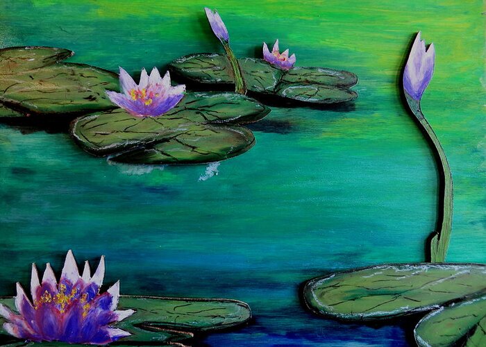 Color Water Pond Plant Lillie Series 3-d Blue Light Green Pads Nature Amagansett Montauk Freshwater Greeting Card featuring the pastel Lavender Lillies by Daniel Dubinsky