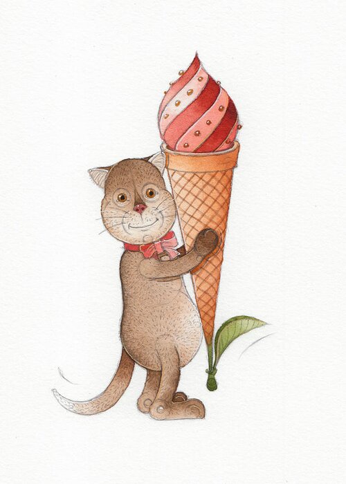 Cats Ice-cream Breakfast Kitchen Birthday Greeting Card featuring the painting Lazy Cats11 by Kestutis Kasparavicius