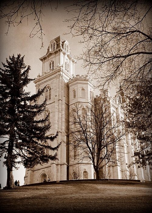 Temple Greeting Card featuring the photograph LDS Temple Manti Utah Sepia by Nathan Abbott