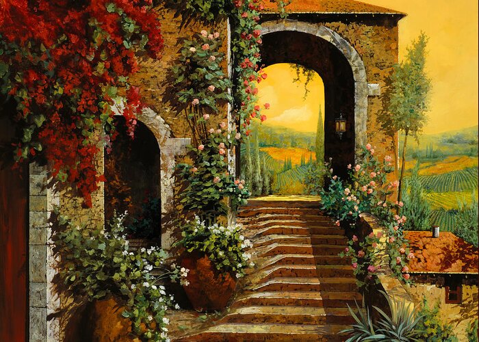 Archlandscapeguido Borelliorange Skytuscanywinevineyardfinr Artoilcanvasyellow Skymade In Italy Greeting Card featuring the painting Le Scale E Il Cielo Giallo by Guido Borelli