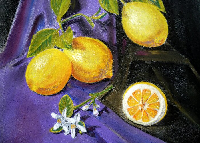 Lemon Greeting Card featuring the painting Lemons and Flowers by Irina Sztukowski