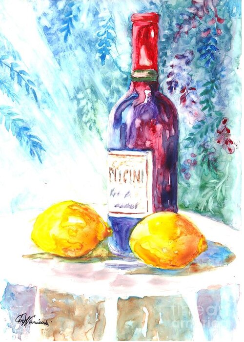 Wine Greeting Card featuring the painting Lemons and Wine and a Little Sunshine by Carol Wisniewski