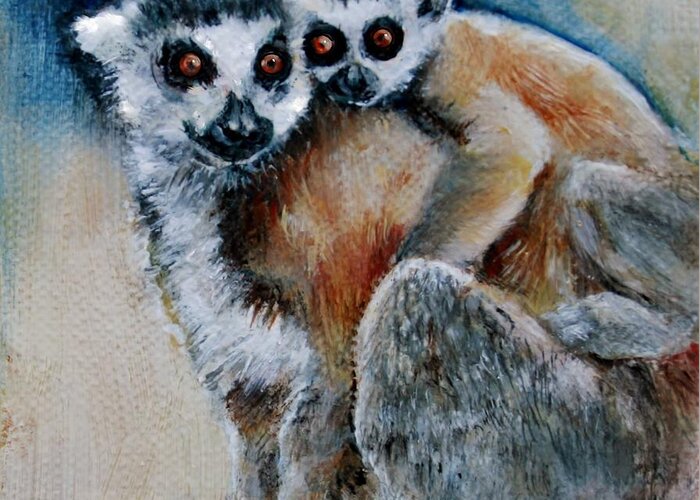 Lemurs Greeting Card featuring the painting Lemur Miniature by Jean Cormier