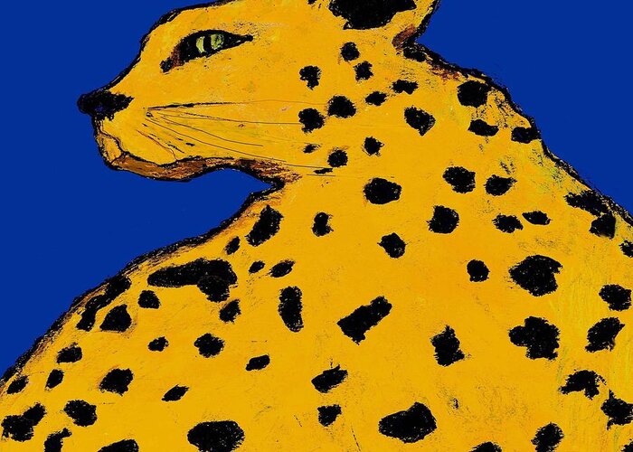 Leopard Greeting Card featuring the painting Leopard on Blue by Dale Moses