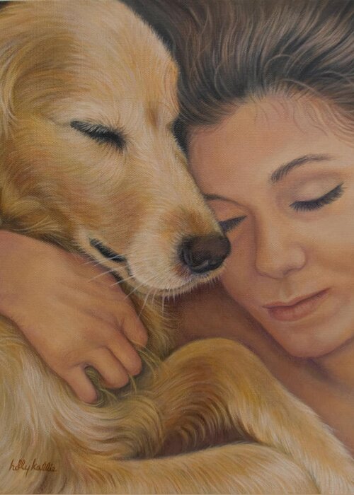 Girl And Dog Greeting Card featuring the painting Letting Go by Holly Kallie
