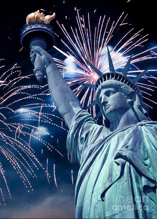 Statue Greeting Card featuring the photograph Statue of Liberty fireworks by Delphimages Photo Creations
