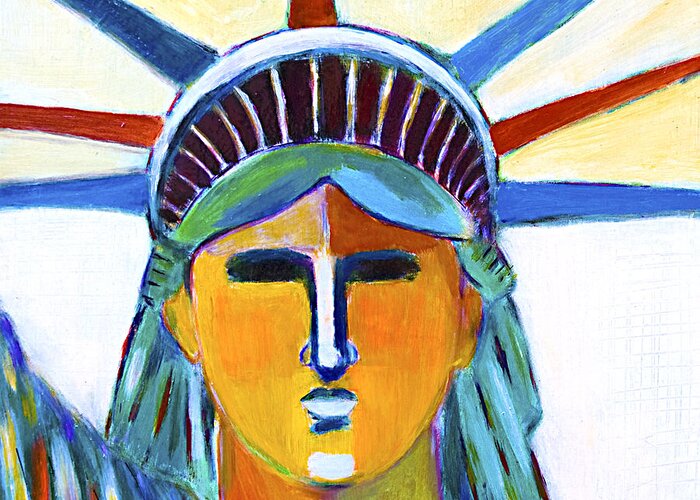 Liberty Greeting Card featuring the painting Statue of Liberty in colors/ blind freedom by Habib Ayat