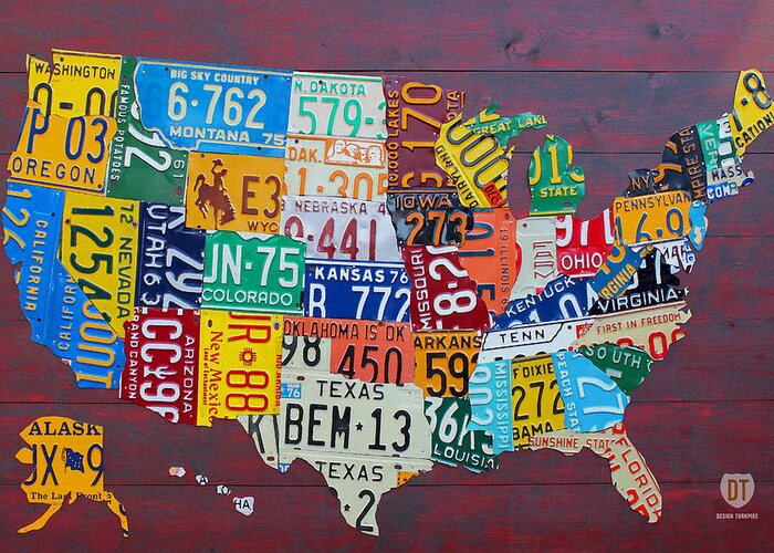 Art Greeting Card featuring the mixed media License Plate Map of The United States by Design Turnpike