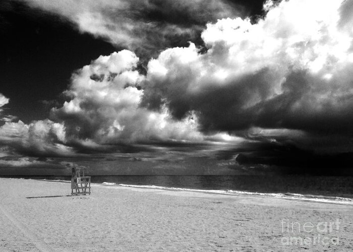 Black And White Greeting Card featuring the photograph Lifeguard chair clouds by WaLdEmAr BoRrErO