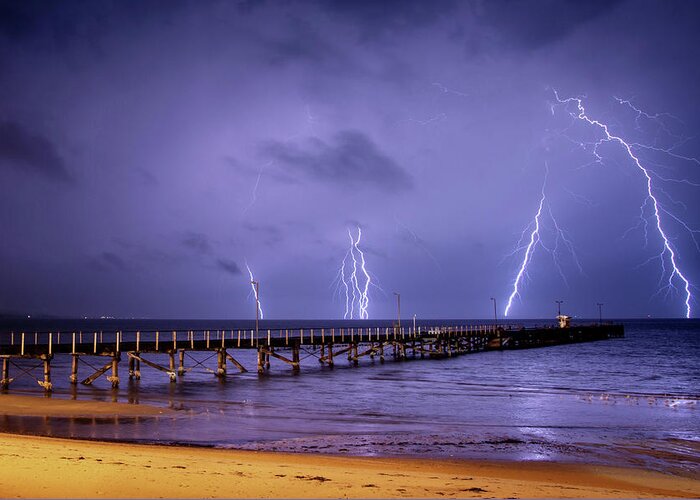 Water's Edge Greeting Card featuring the photograph Lightning Storm At Port Lincoln. South by John White Photos