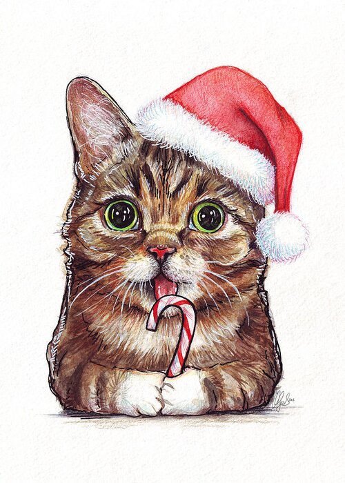 Lil Bub Greeting Card featuring the painting Cat Santa Christmas Animal by Olga Shvartsur