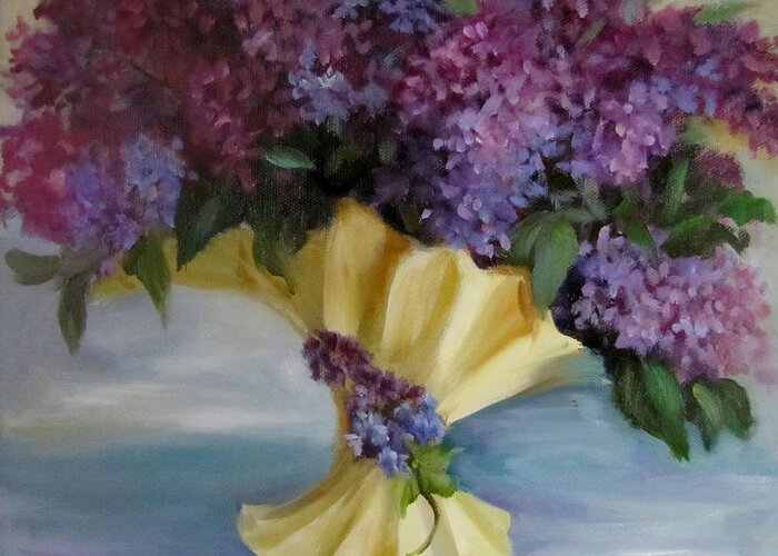 Lilacs Greeting Card featuring the painting Lilac Bouquet in Vintage Vase by Cheri Wollenberg