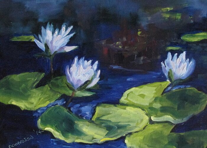 Waterscape Greeting Card featuring the painting Lilies In The Spotlight by Susan Richardson