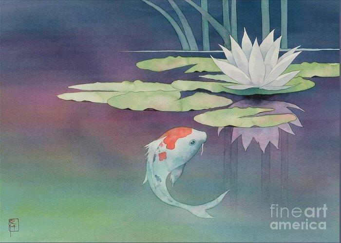 Watercolor Greeting Card featuring the painting Lily And Koi by Robert Hooper