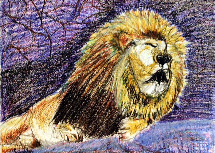 Lion Greeting Card featuring the pastel Lincoln Park Lion On Rock 2 by Lazaro Giraldo Lee