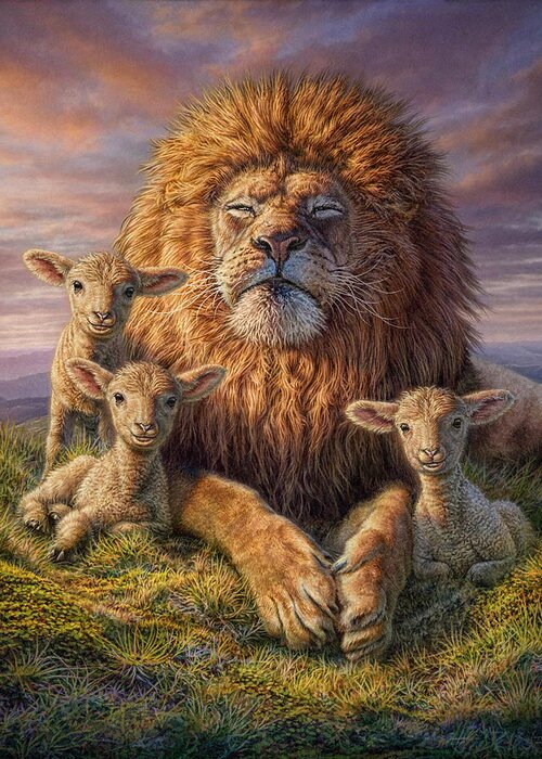 Lion Greeting Card featuring the mixed media Lion and Lambs by Phil Jaeger