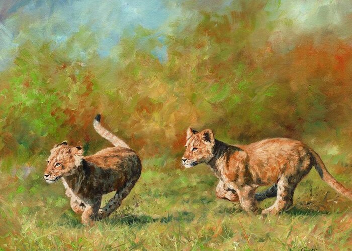 Lion Cubs Greeting Card featuring the painting Lion Cubs Running by David Stribbling