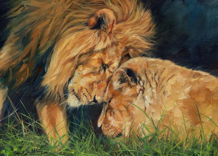 Lion Greeting Card featuring the painting Lion Love by David Stribbling
