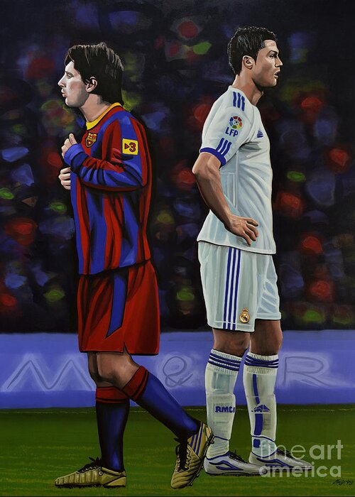 Lionel Messi Greeting Card featuring the painting Lionel Messi and Cristiano Ronaldo by Paul Meijering