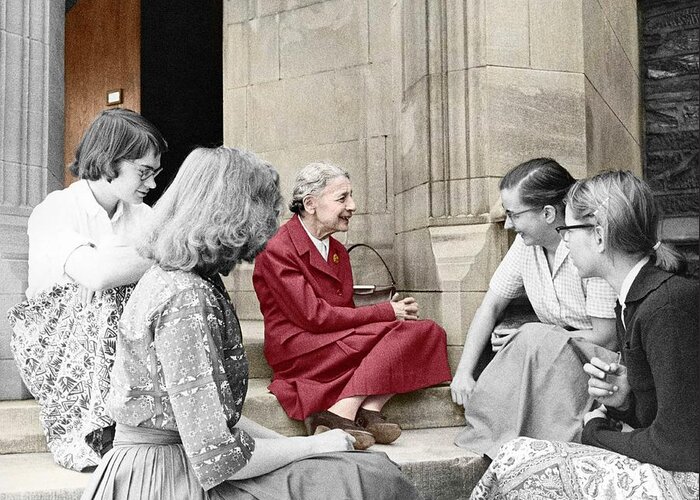 Lise Meitner Greeting Card featuring the photograph Lise Meitner With Students by Photograph By Heka Davis, Copyright Status Unknown. Coloured By Science Photo Library From A Monochrome Courtesy Of Emilio Segre Visual Archives, American Institute Of Physics