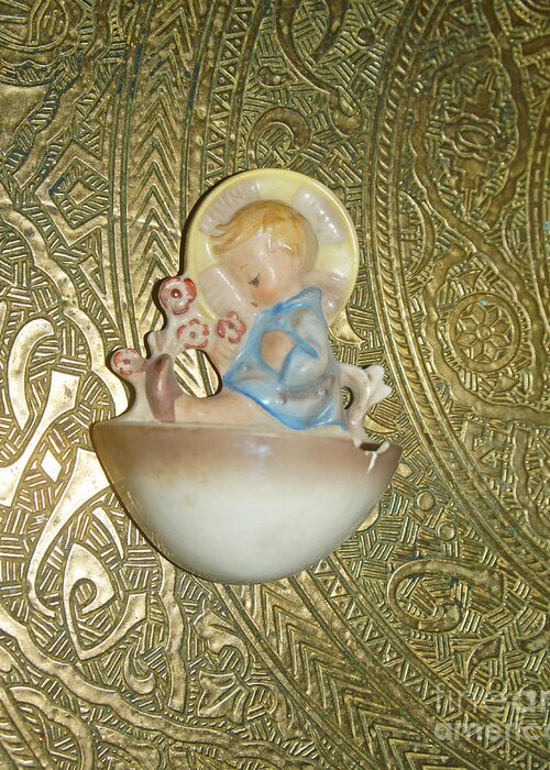 Baby Greeting Card featuring the photograph Newborn boy in the baptismal font Sculpture by Eva-Maria Di Bella