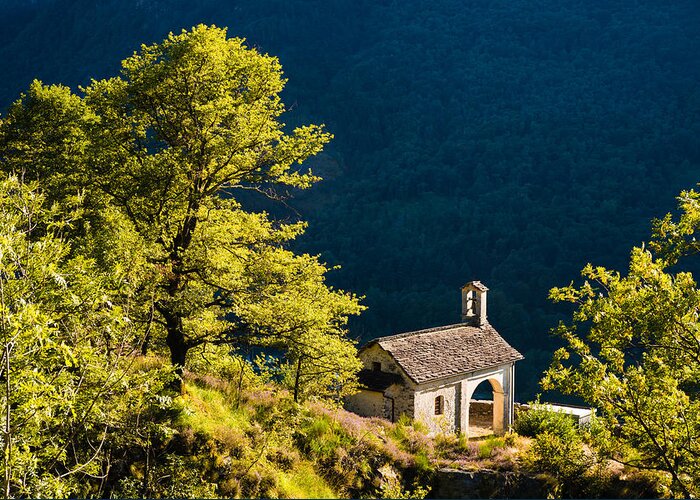 Chapel Greeting Card featuring the photograph Little Chapel in Ticino with beautiful green trees by Matthias Hauser