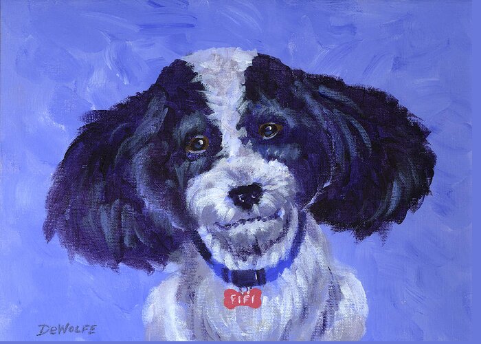 Dog Greeting Card featuring the painting Little Dog Blue by Richard De Wolfe