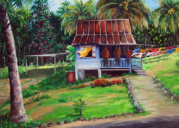  Tropical Landscape Greeting Card featuring the painting Little Island House by Karin Dawn Kelshall- Best