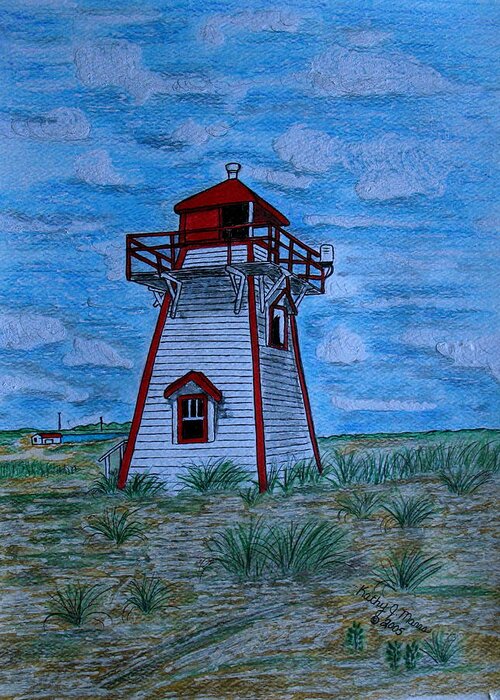 Red Greeting Card featuring the painting Little Red and White Lighthouse by Kathy Marrs Chandler