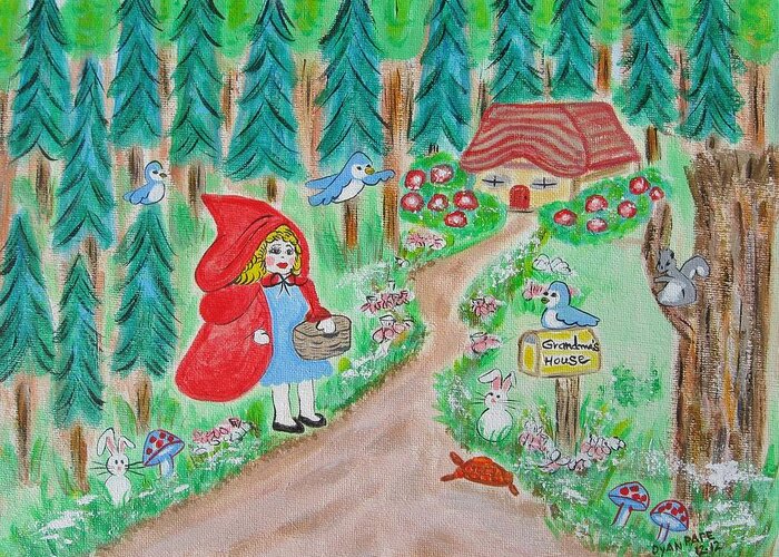 Little Red Riding Hood Greeting Card featuring the painting Little Red Riding Hood with Grandma's House on Mailbox by Diane Pape