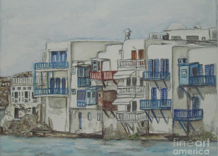 Watercolour Paintings Greeting Card featuring the painting Little Venice Mykonos Greece by Malinda Prud'homme