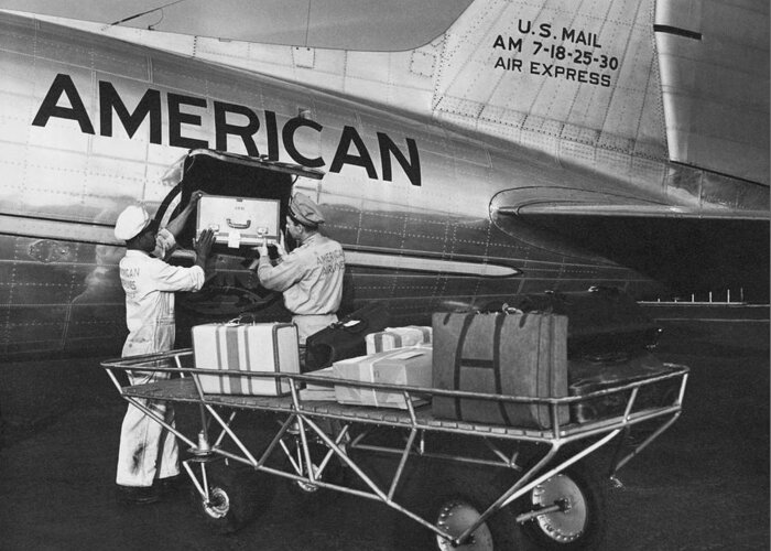 1940's Greeting Card featuring the photograph Loading Luggage On A DC-3 by Underwood Archives