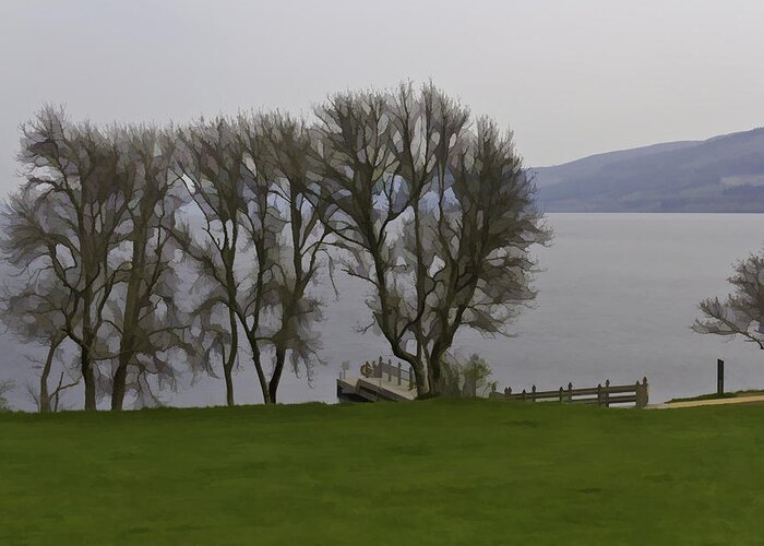 Boat Jetty Greeting Card featuring the digital art Loch Ness and boat jetty next to Urquhart Castle by Ashish Agarwal