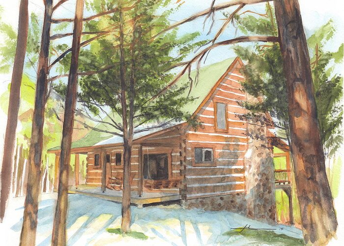 <a Href=http://miketheuer.com Target =_blank>www.miketheuer.com</a> Log Cabin In The Woods Watercolor Portrait Mike Theuer Greeting Card featuring the drawing Log Cabin In The Woods Watercolor Portrait by Mike Theuer