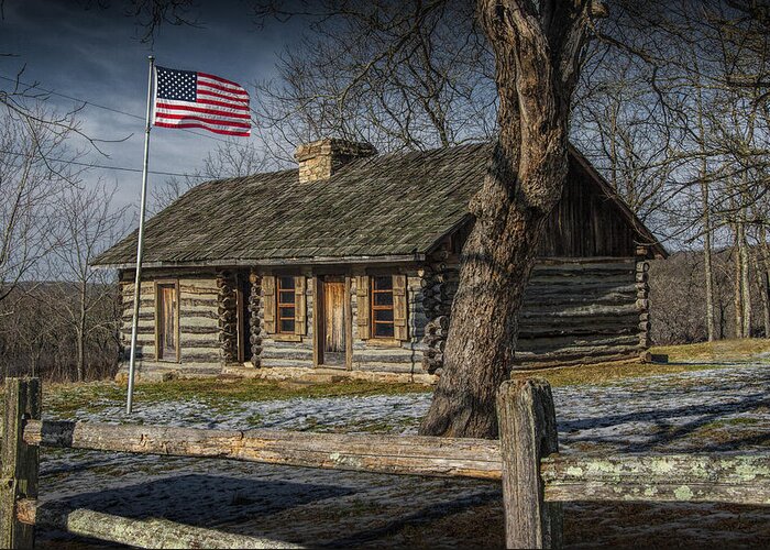 Art Greeting Card featuring the photograph Log Cabin Outpost in Missouri with American Flag by Randall Nyhof