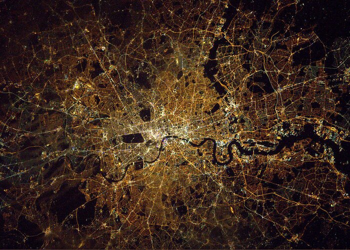 Satellite Image Greeting Card featuring the photograph London At Night, Satellite Image by Science Source