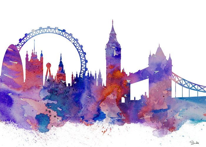 London City Skyline Greeting Card featuring the painting London by Watercolor Girl