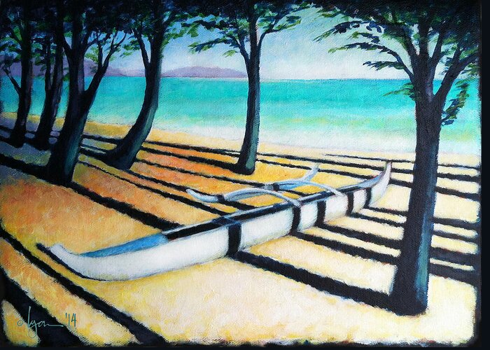 Outrigger Greeting Card featuring the painting Lone Canoe by Angela Treat Lyon