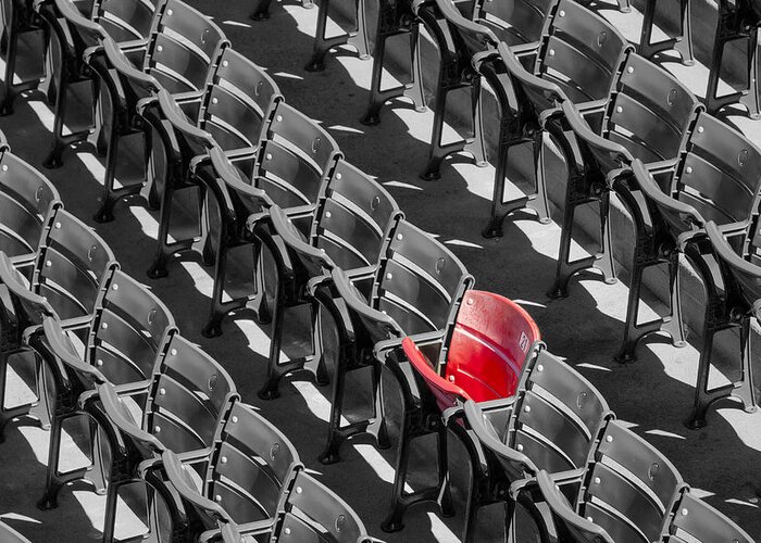 #21 Greeting Card featuring the photograph Lone Red Number 21 Fenway Park BW by Susan Candelario
