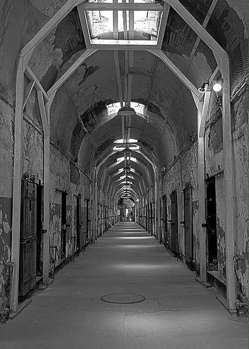 Eastern State Penitentiary Greeting Card featuring the photograph Long Hallway by Crystal Wightman