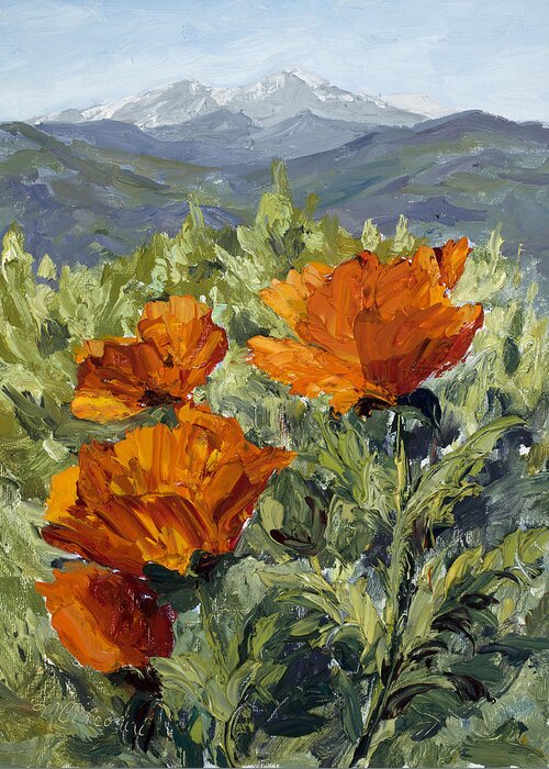 Oil Greeting Card featuring the painting Longs Peak Poppies by Mary Giacomini
